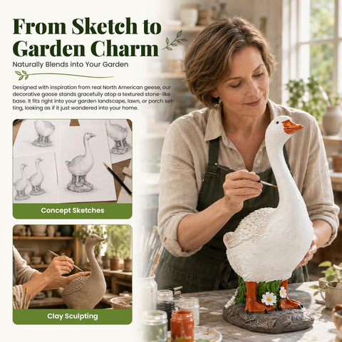 GIGALUMI oca sobre césped integrando decoración de jardín