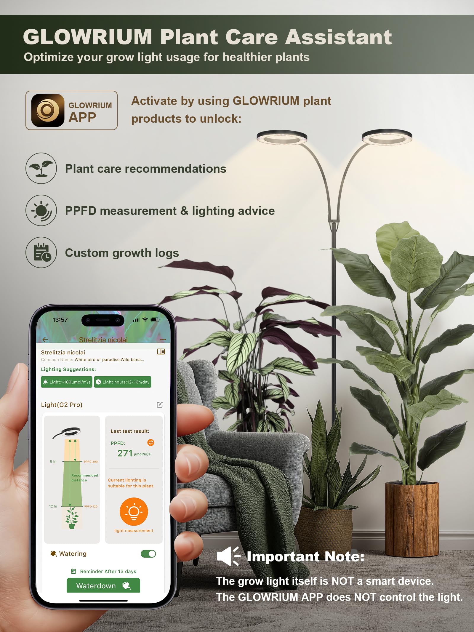 GLOWRIUM lámpara en sala con plantas demostrando ambiente y crecimiento interior
