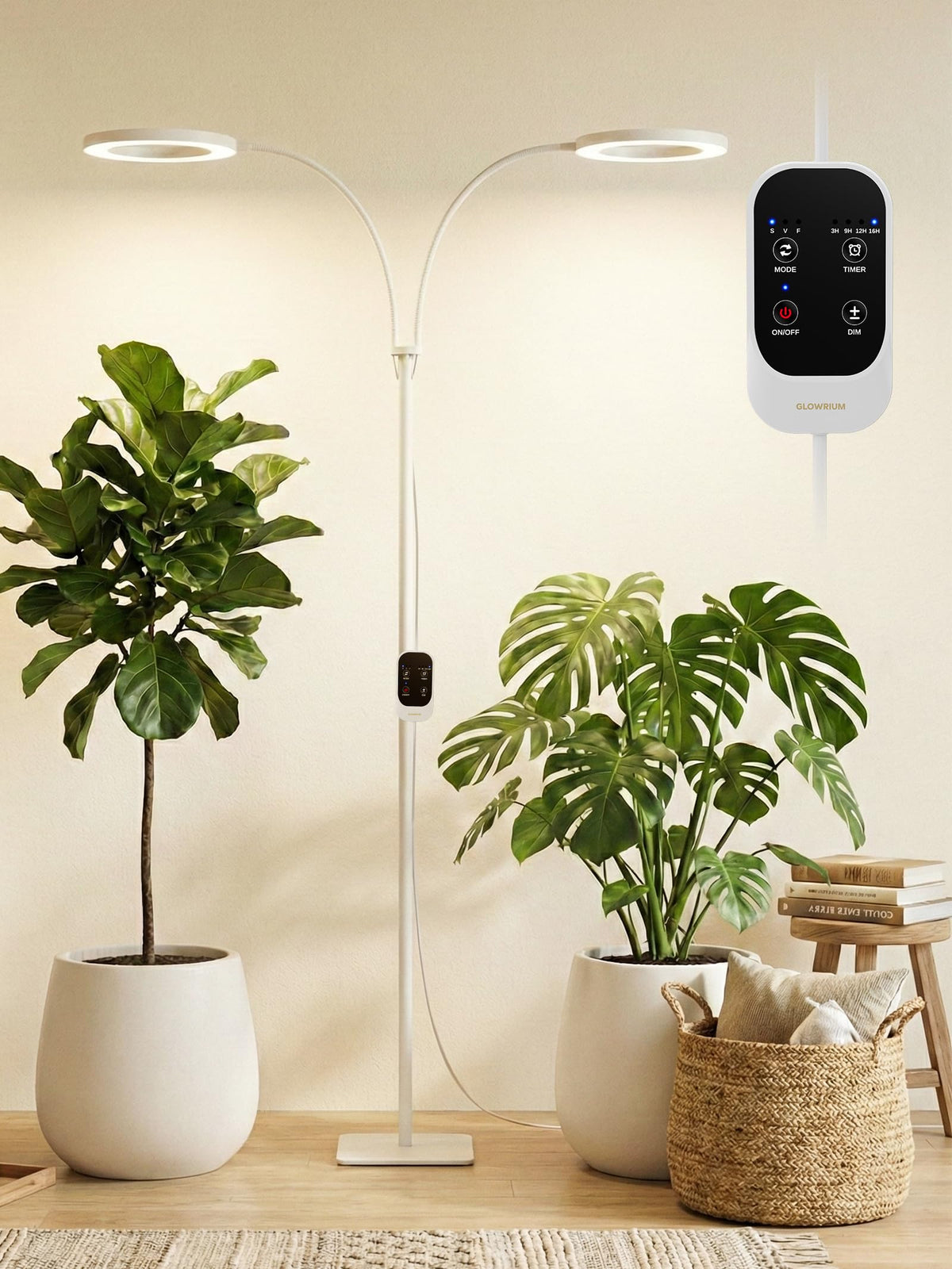 GLOWRIUM lámpara de pie frontal mostrando cobertura para plantas altas