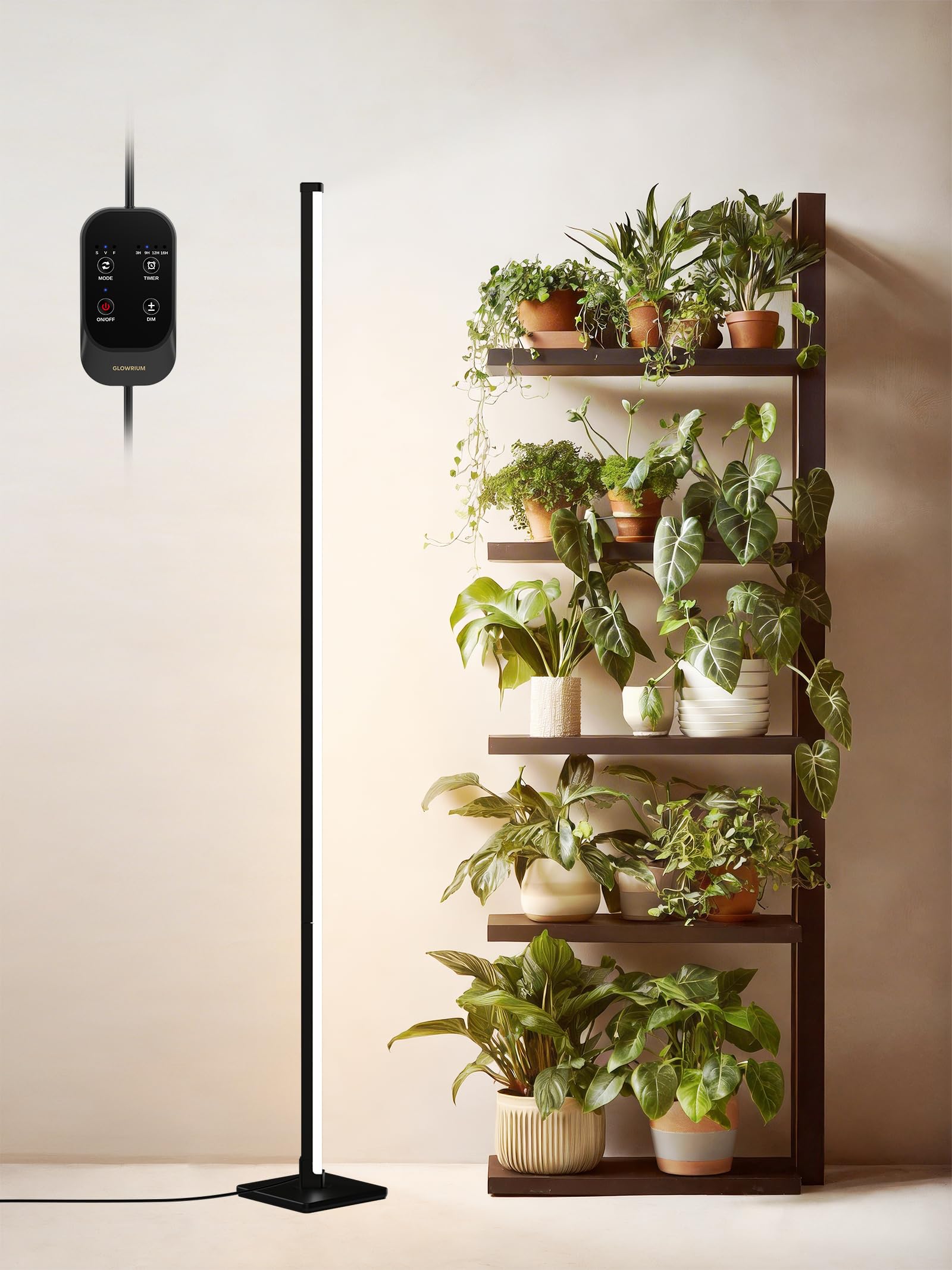 GLOWRIUM lámpara frontal mostrando ajuste vertical y cobertura amplia