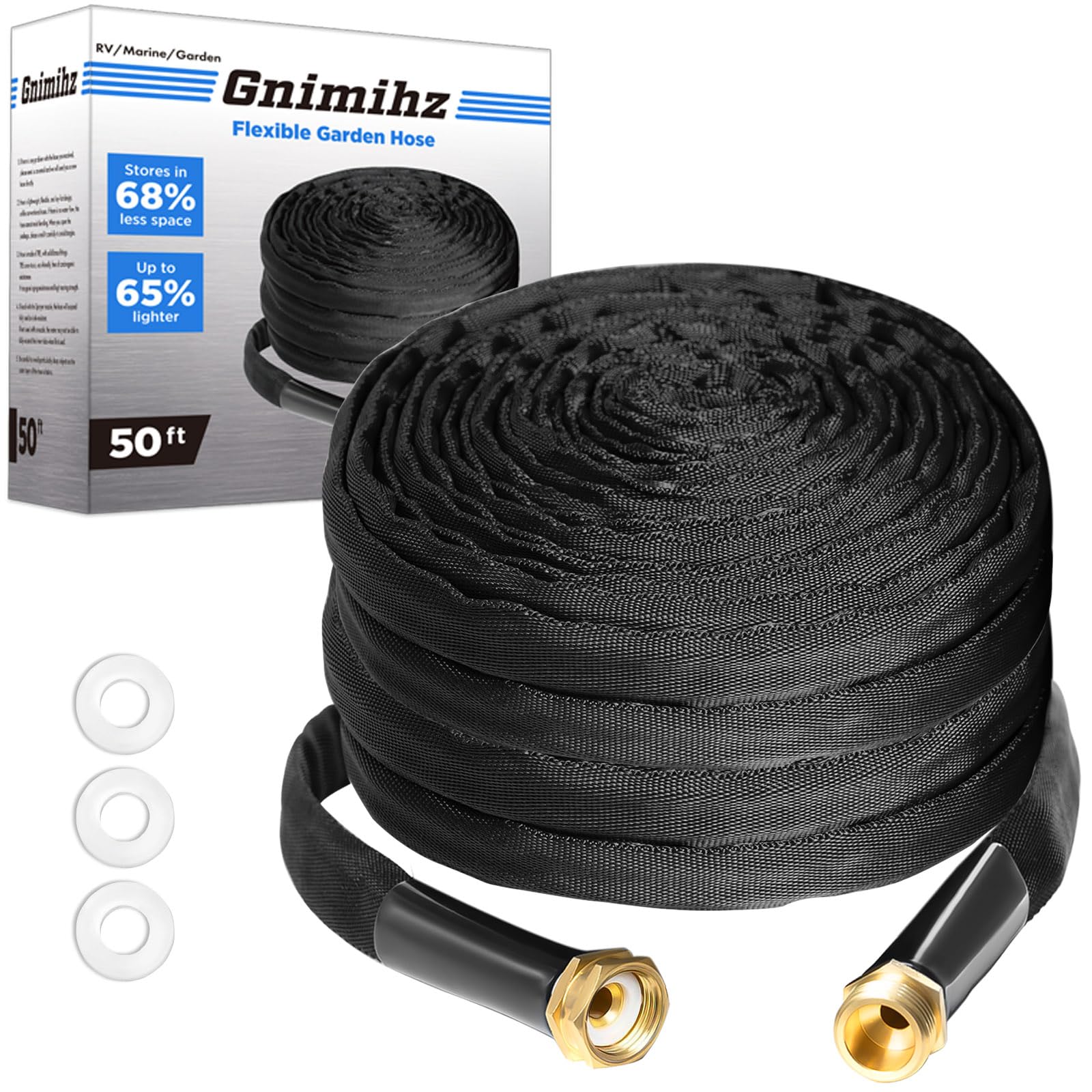 Gnimihz manguera frontal embalaje mostrando longitud 50 ft y beneficios