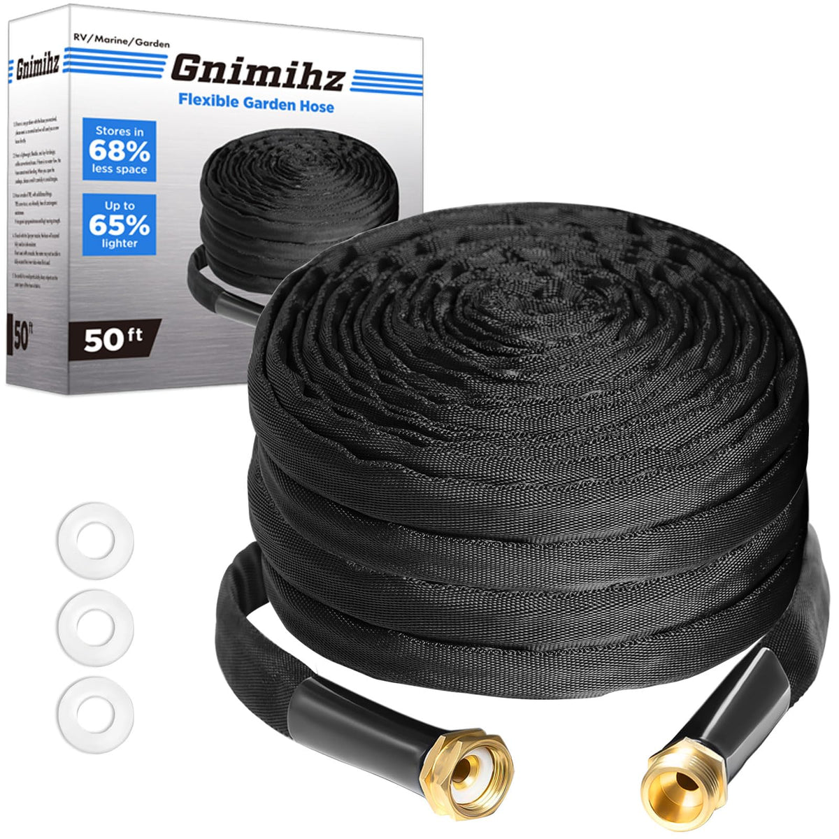 Gnimihz manguera frontal embalaje mostrando longitud 50 ft y beneficios