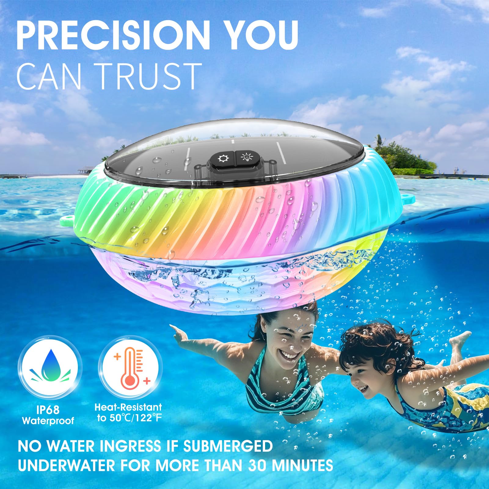 Goallim luces flotantes iluminando una fiesta nocturna en piscina con ambiente vibrante