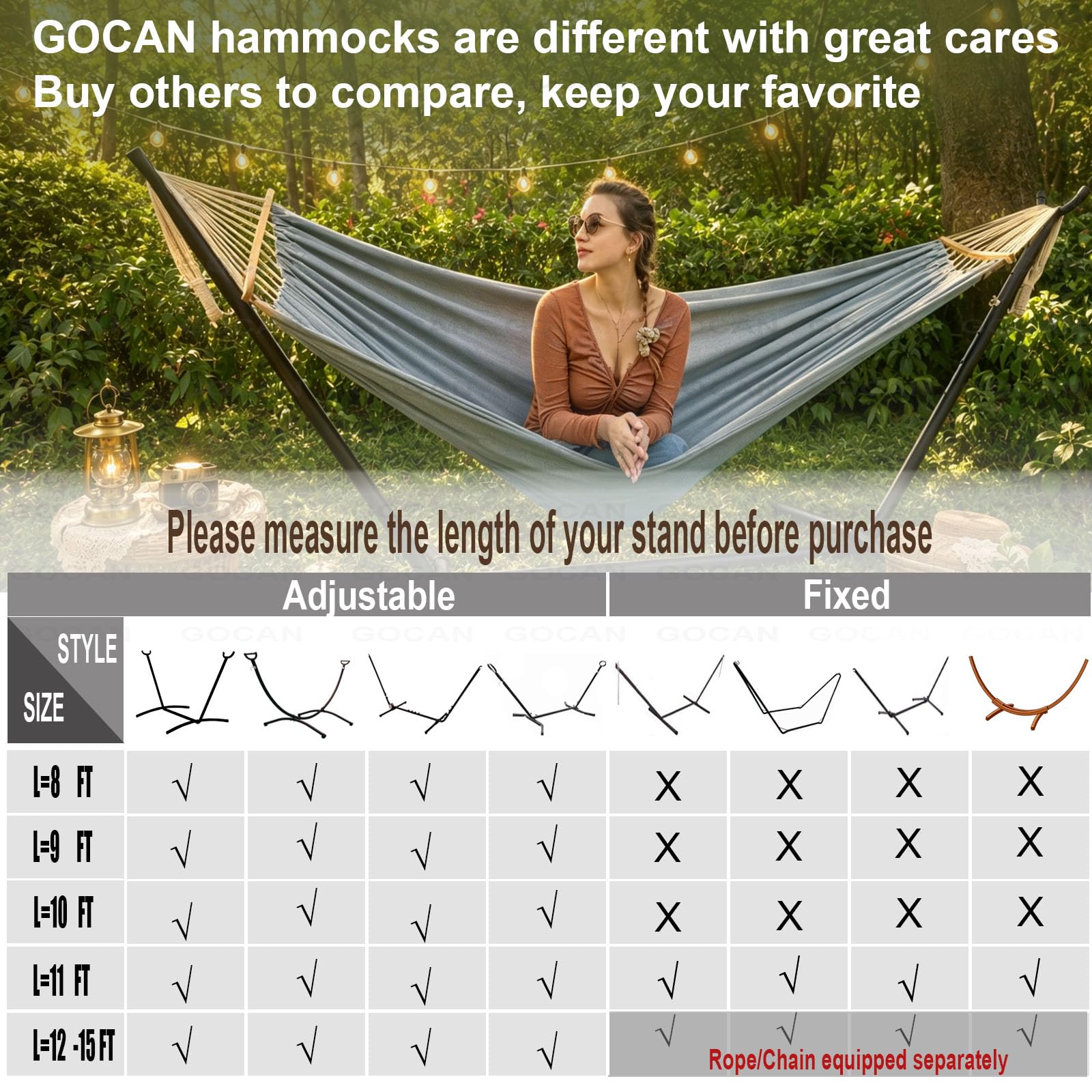 GOCAN hamaca junto a objetos para comparar tamaño y espacio disponible