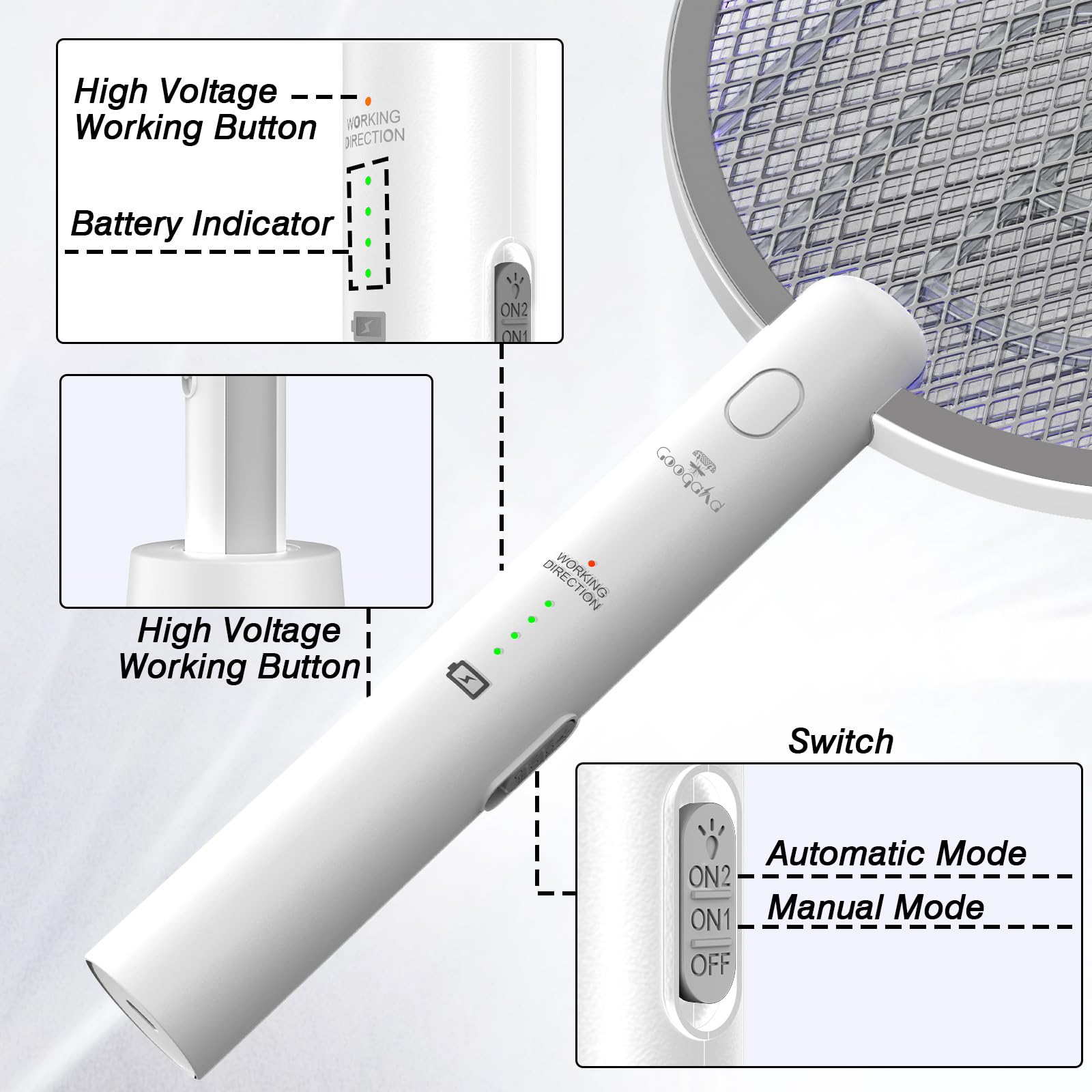 GooQand luz ultravioleta encendida atrayendo insectos hacia la rejilla activa
