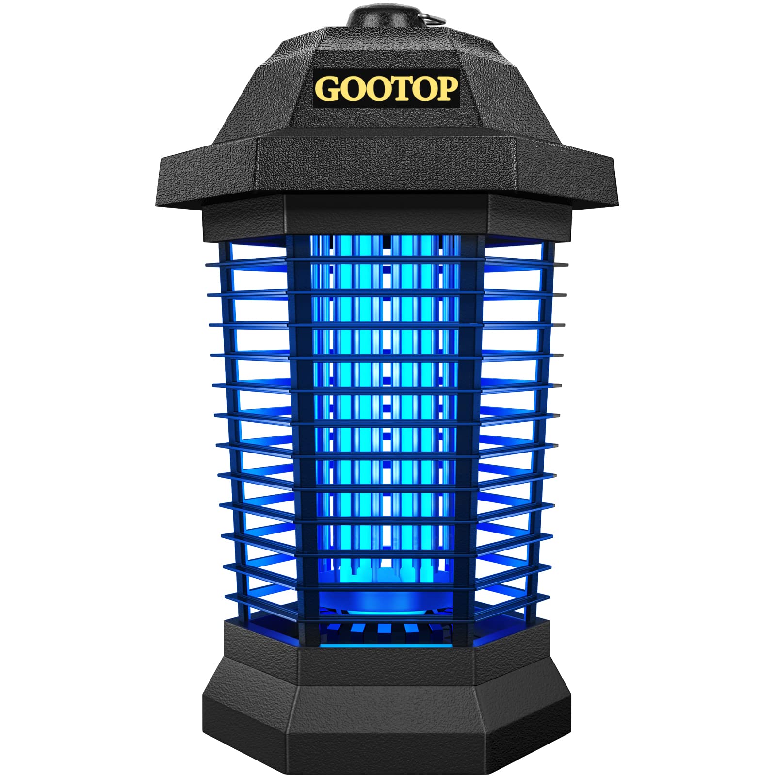 GOOTOP vista frontal del mata insectos para uso exterior con carcasa negra y diseño colgante