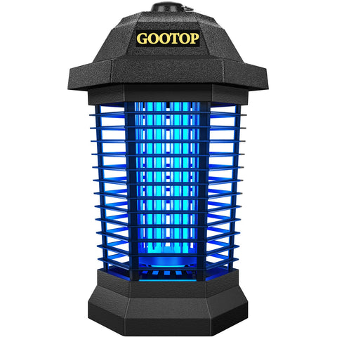 GOOTOP vista frontal del mata insectos para uso exterior con carcasa negra y diseño colgante