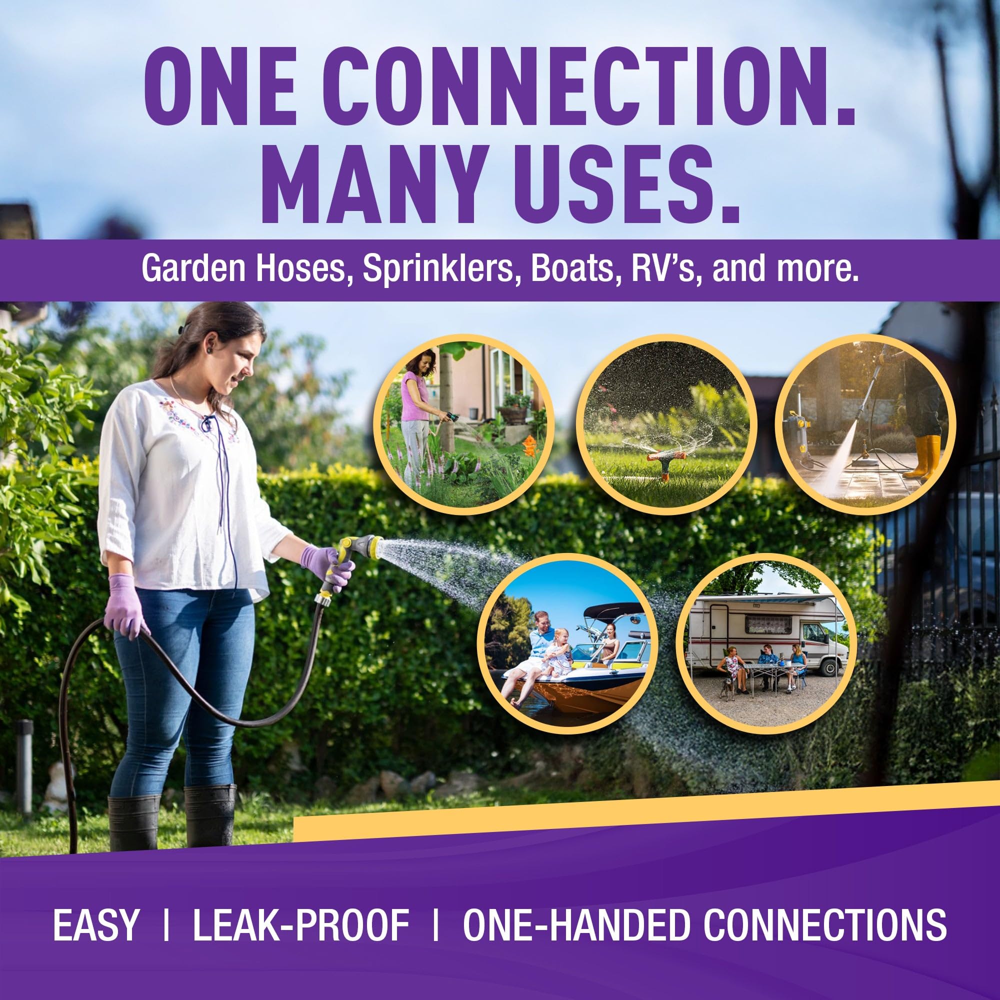 GORILLA EASY CONNECT acoples en manguera de jardín mostrando flujo sin fugas
