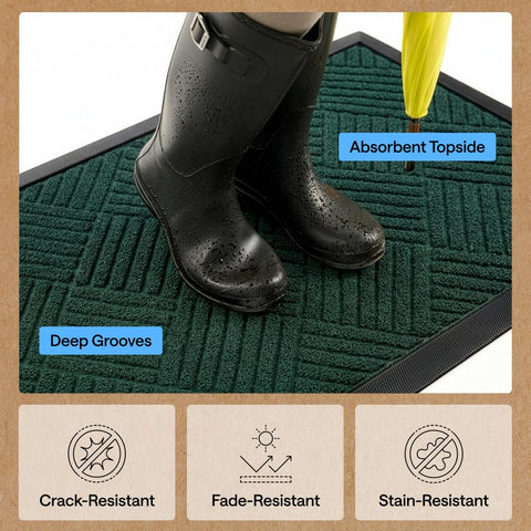 GORILLA GRIP felpudo colocado en entrada exterior resistiendo lluvia