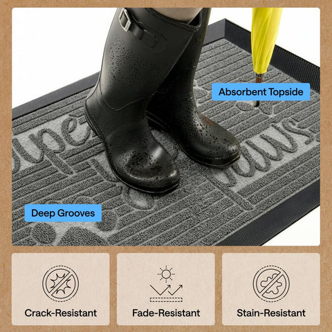 GORILLA GRIP felpudo junto a pies para mostrar tamaño y escala