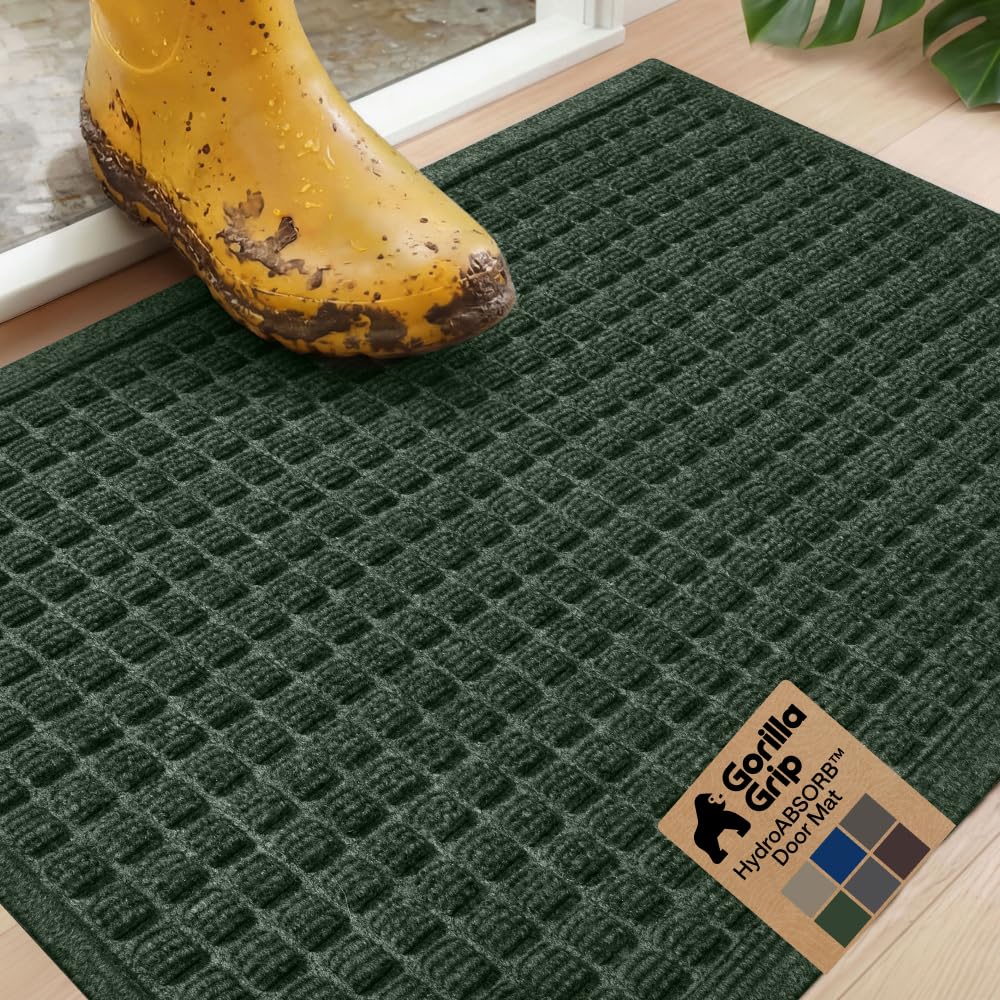 GORILLA GRIP felpudo frente 29x17 verde mostrando diseño y beneficio antideslizante