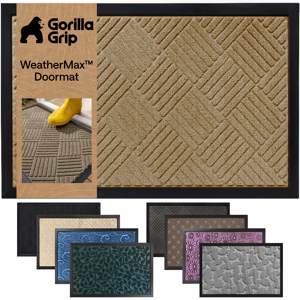 GORILLA GRIP felpudo frontal beige diamante mostrando diseño y bienvenida duradera