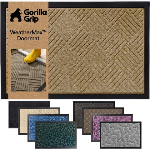 GORILLA GRIP felpudo frontal beige diamante mostrando diseño y bienvenida duradera