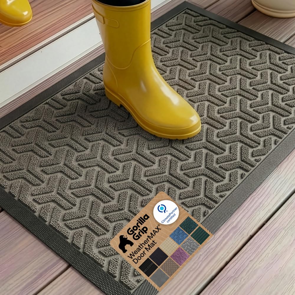 GORILLA GRIP felpudo frontal gris geométrico mostrando diseño estético y captura de suciedad