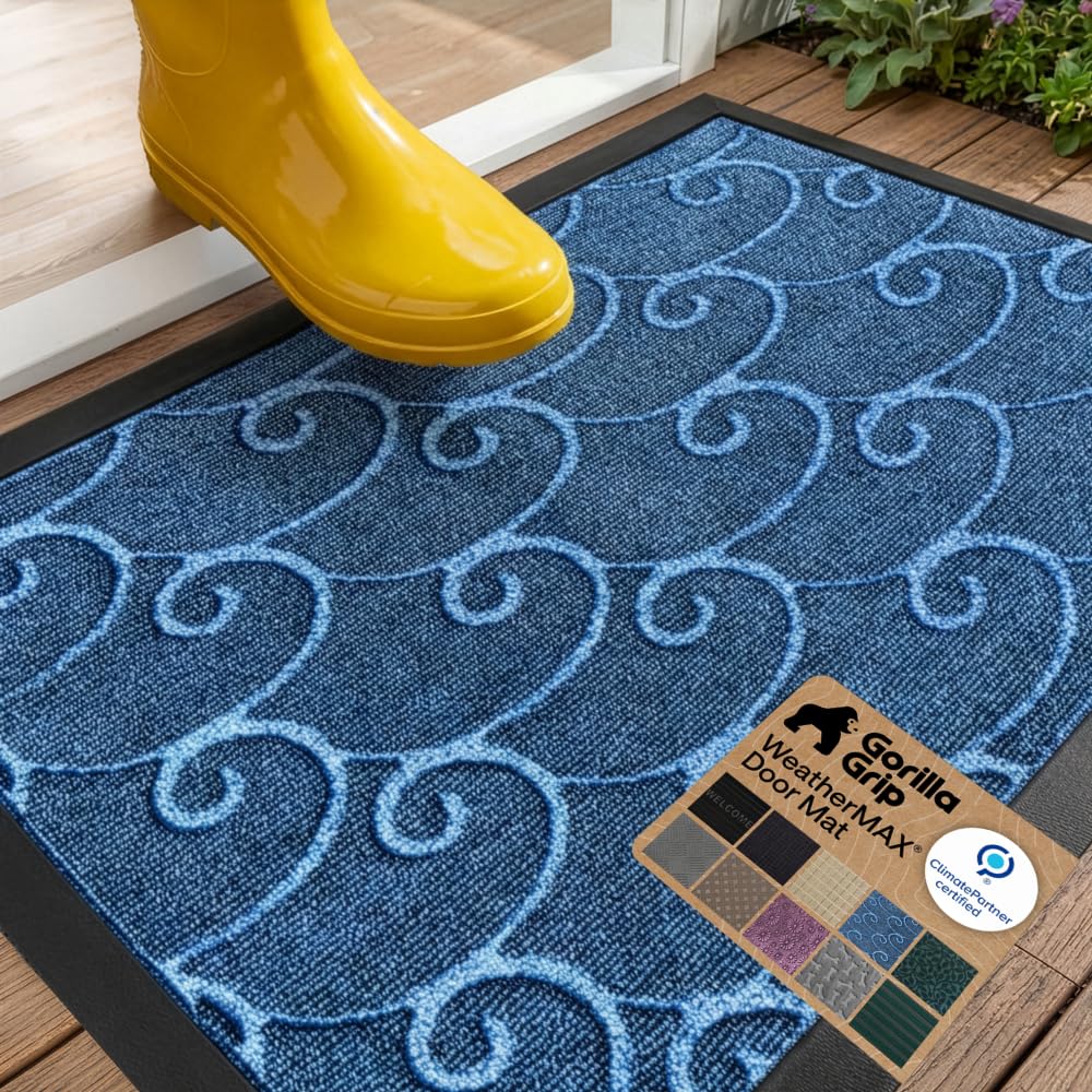 GORILLA GRIP vista frontal del felpudo azul con patrón Waves para entrada estética y práctica