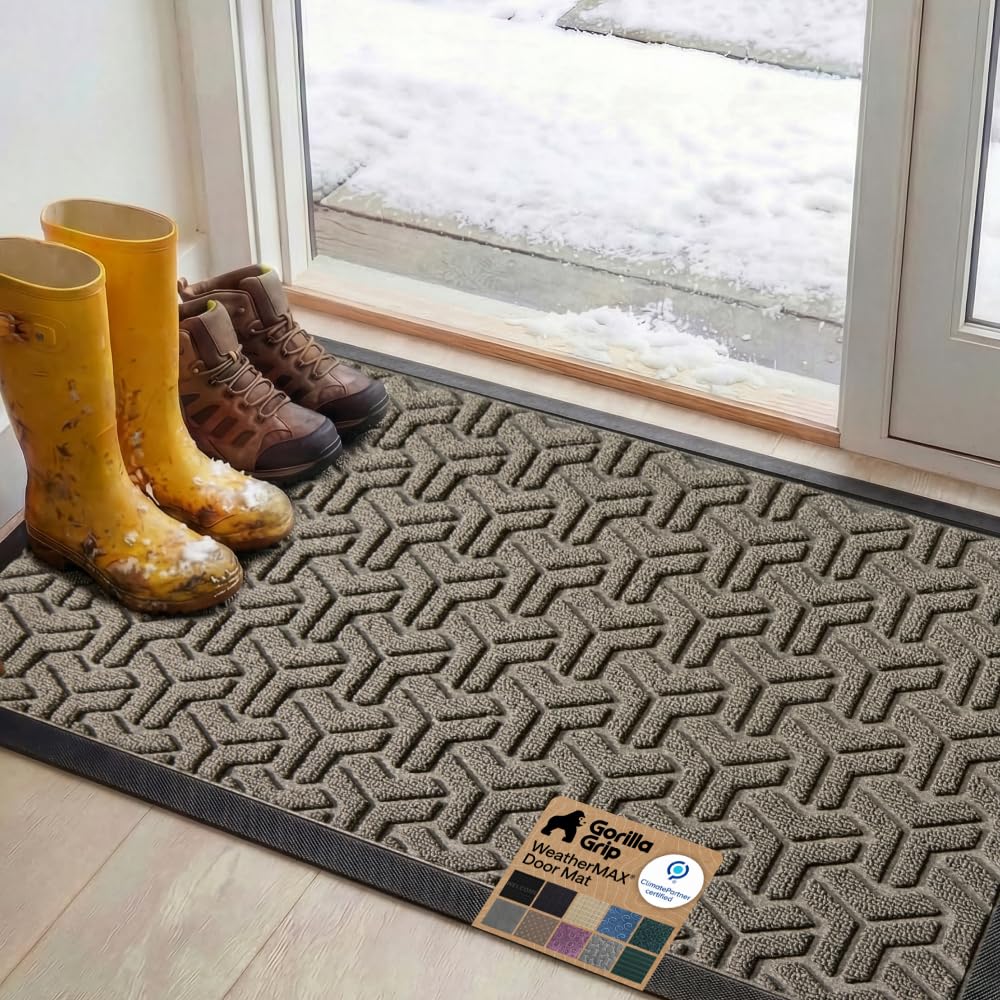 GORILLA GRIP vista frontal del felpudo gris geométrico para entradas duraderas