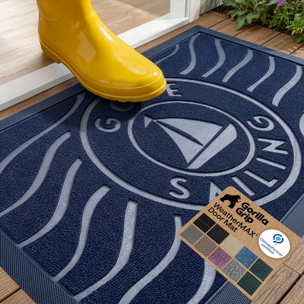 GORILLA GRIP felpudo frontal Navy Sailboat mostrando diseño y captura de suciedad
