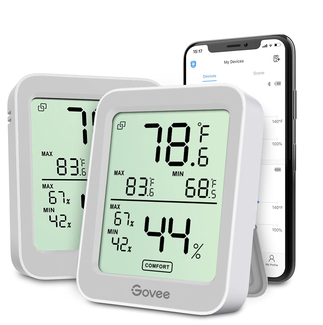 Govee pantalla frontal grande mostrando temperatura y humedad para lectura rápida