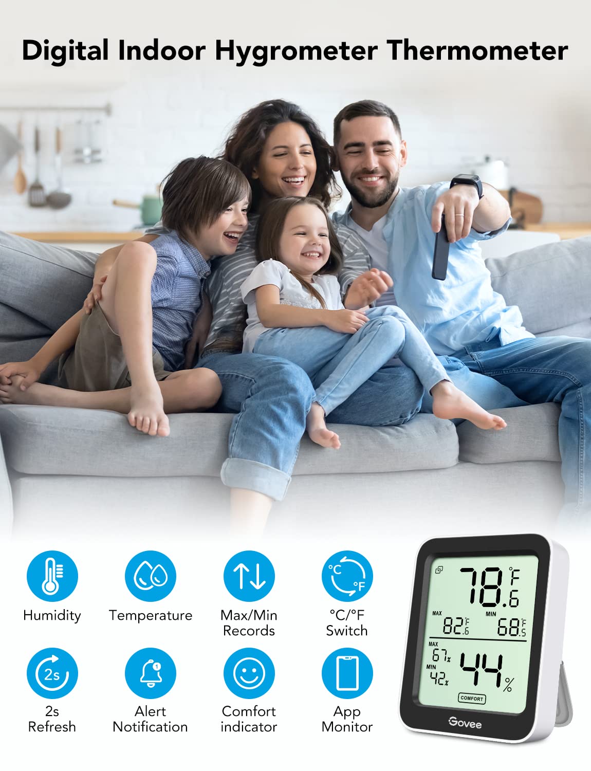 Govee detalle de pantalla LCD de 3 pulgadas con lecturas claras y fáciles