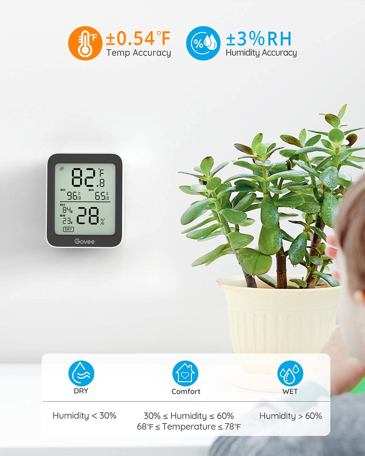 Govee closeup pantalla LCD mostrando temperatura y humedad con claridad