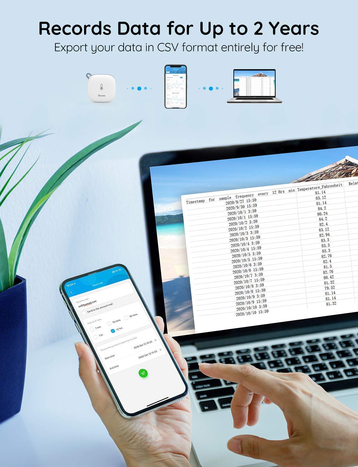 App Govee mostrando gráficos históricos y exportación de datos
