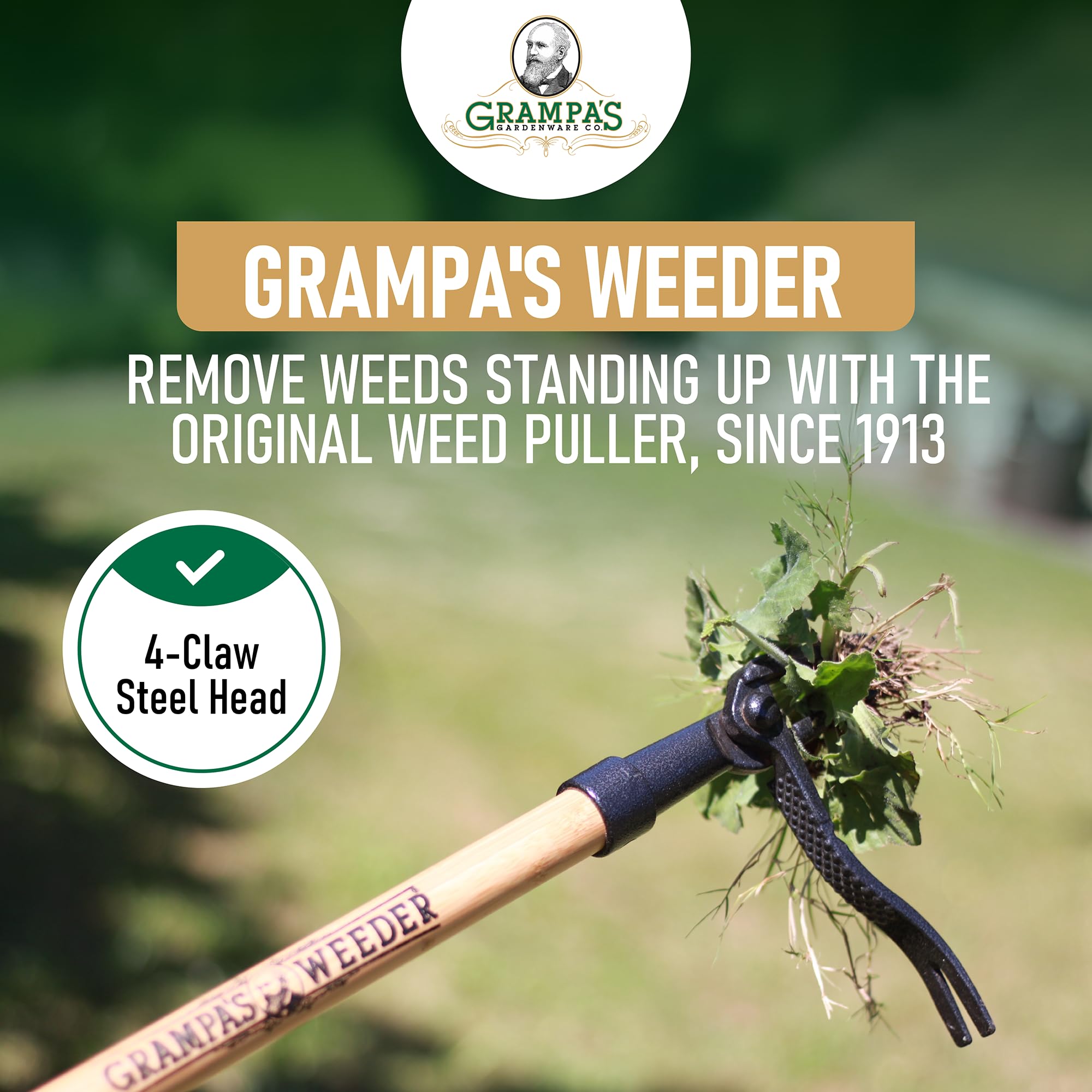 Grampa's Weeder detalle de las cuatro garras que facilitan extraer raíces