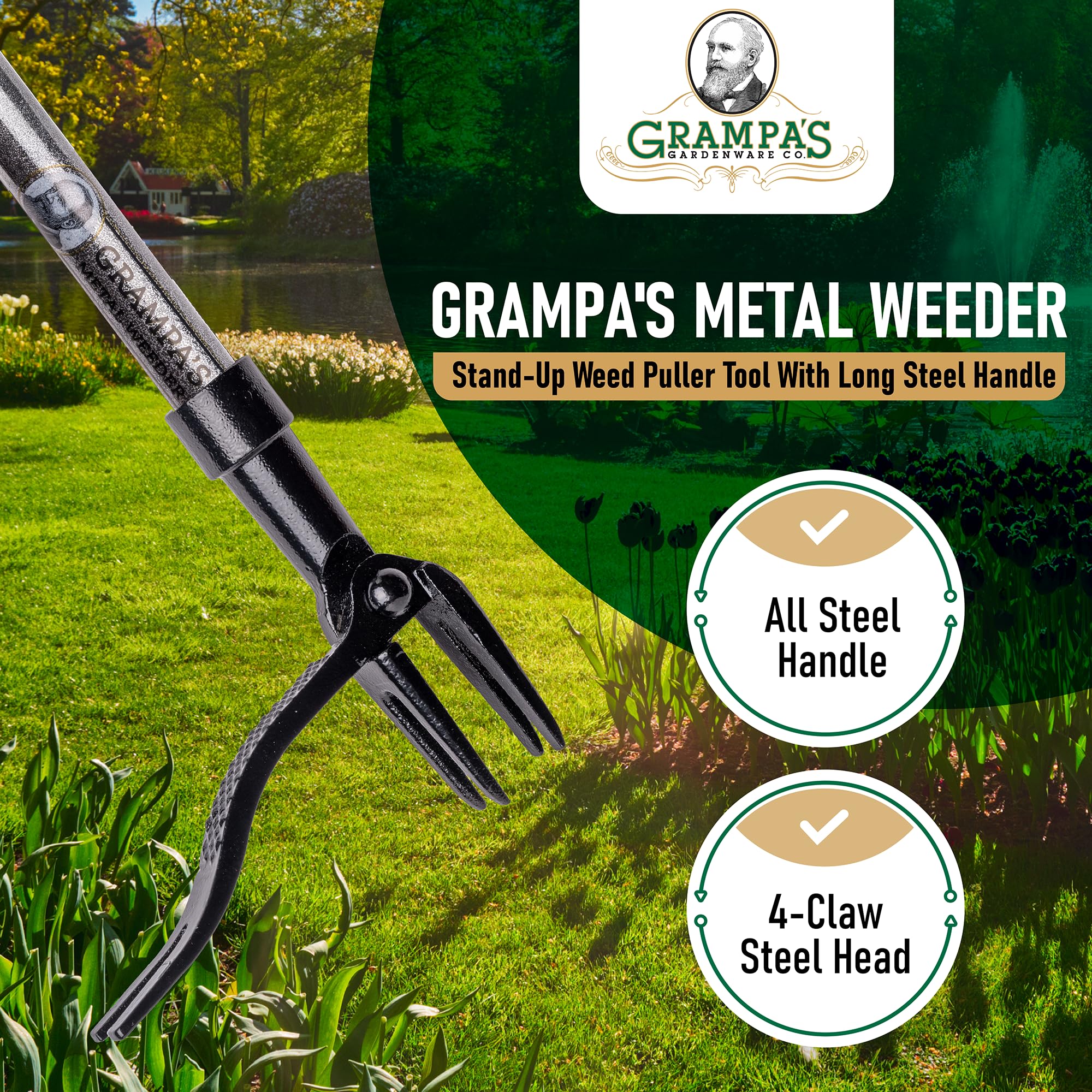 Grampa's Weeder primer plano de garras de acero que aseguran extracción efectiva