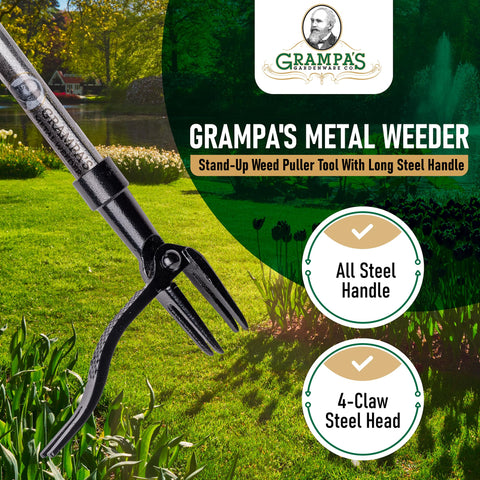 Grampa's Weeder primer plano de garras de acero que aseguran extracción efectiva