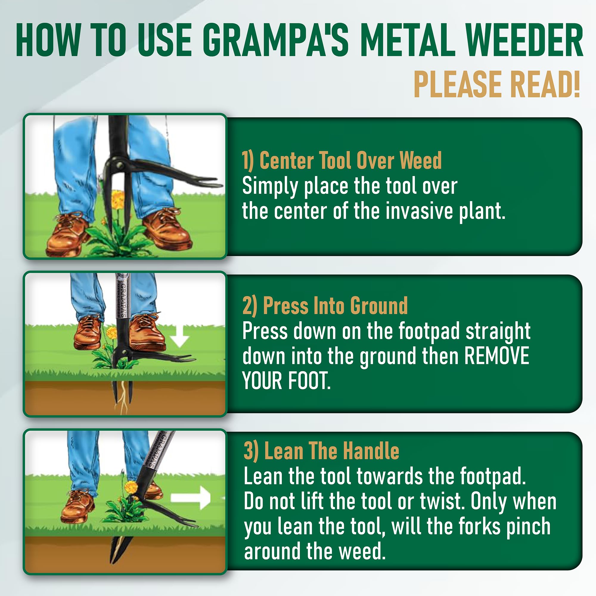 Grampa's Weeder embalaje y etiqueta que transmiten calidad y garantía de por vida