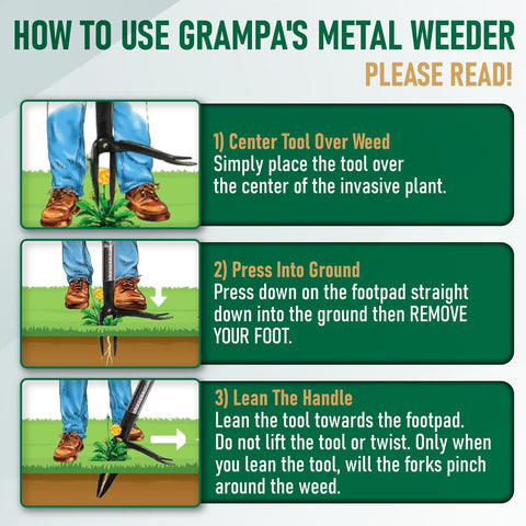 Grampa's Weeder embalaje y etiqueta que transmiten calidad y garantía de por vida