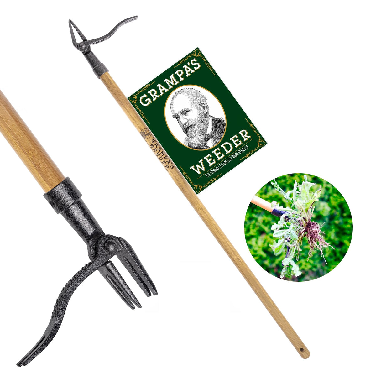 Grampa's Weeder vista frontal mostrando diseño resistente y extracción fácil