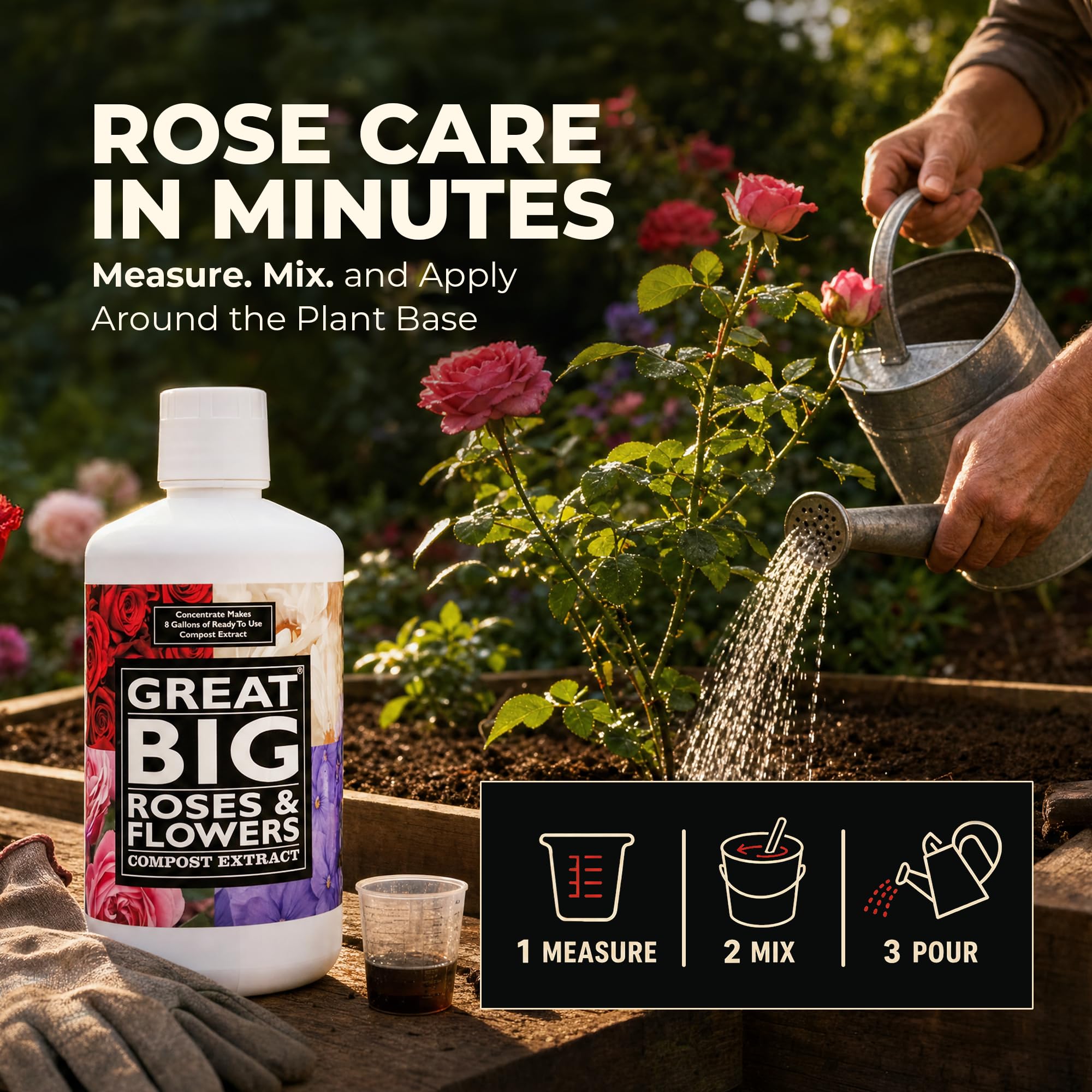 Great Big Roses aplicación alrededor de la base de un rosal para mejor floración