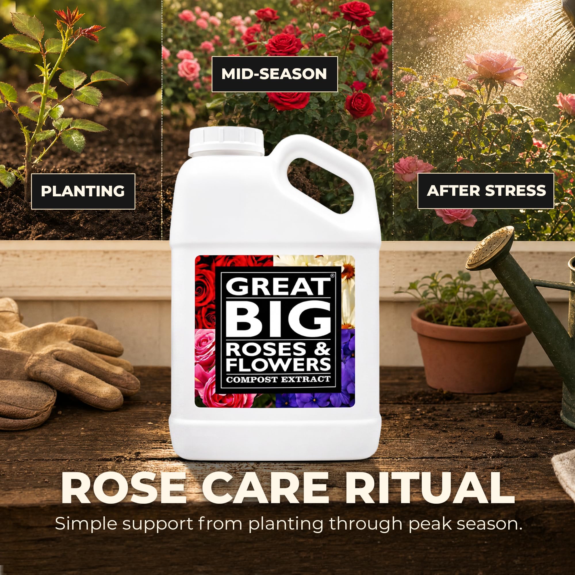 Great Big Roses en jardín con rosas y hortensias, resultado de suelo activado
