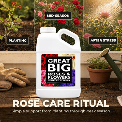 Great Big Roses en jardín con rosas y hortensias, resultado de suelo activado