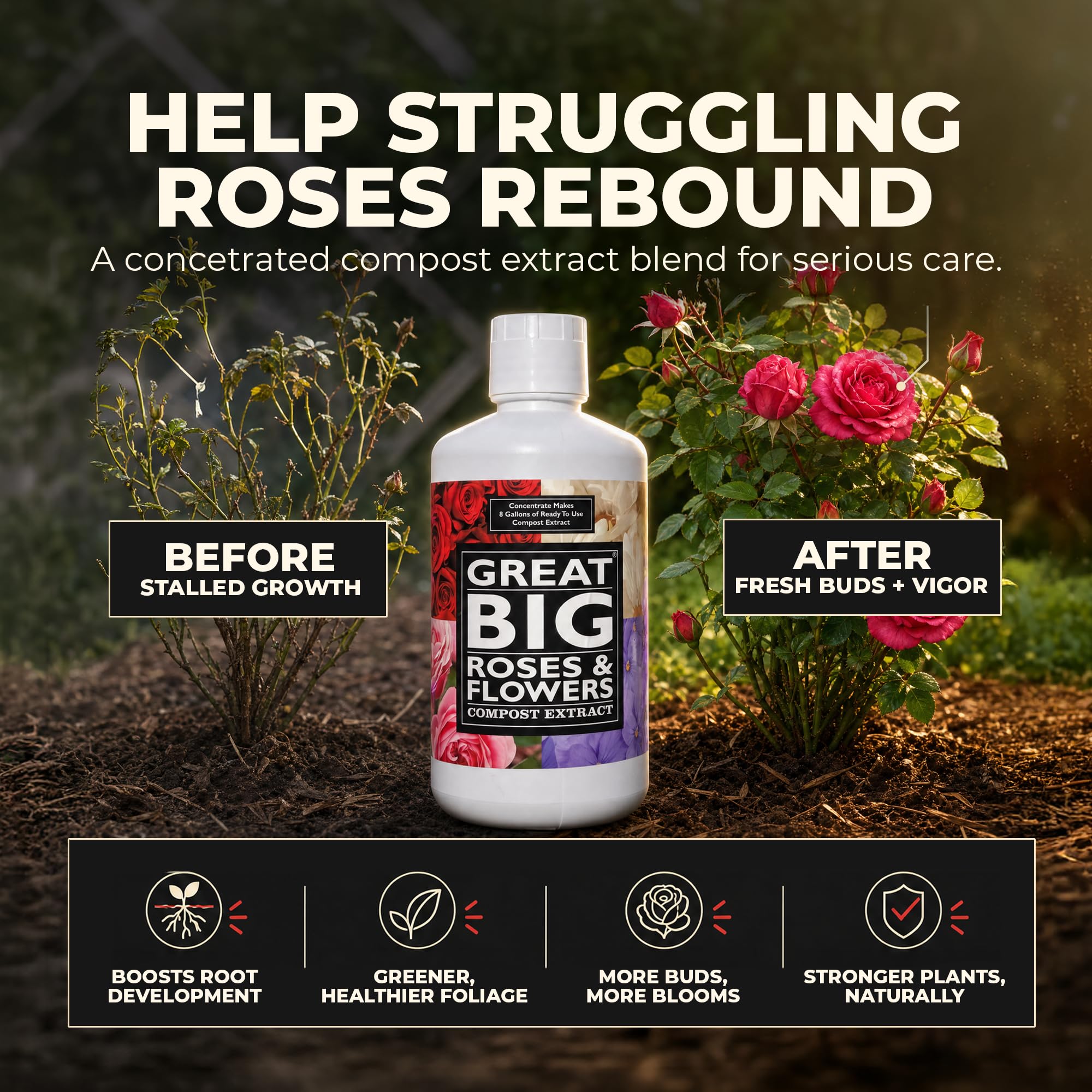 Great Big Roses etiqueta con lista de ácidos húmicos, algas y minerales