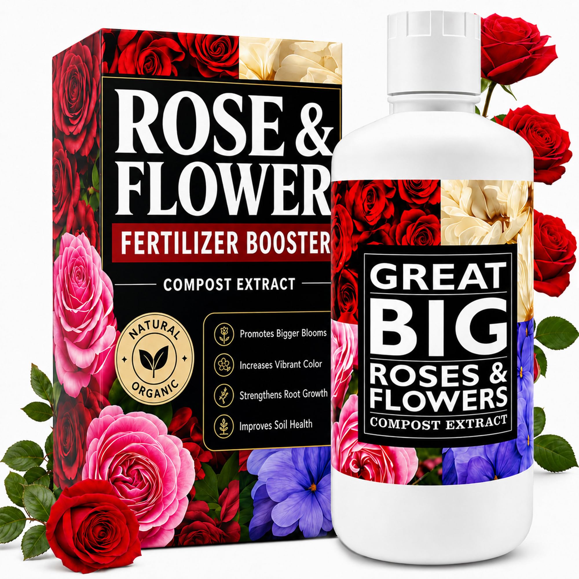 Great Big Roses frente del envase mostrando el diseño y beneficios inmediatos
