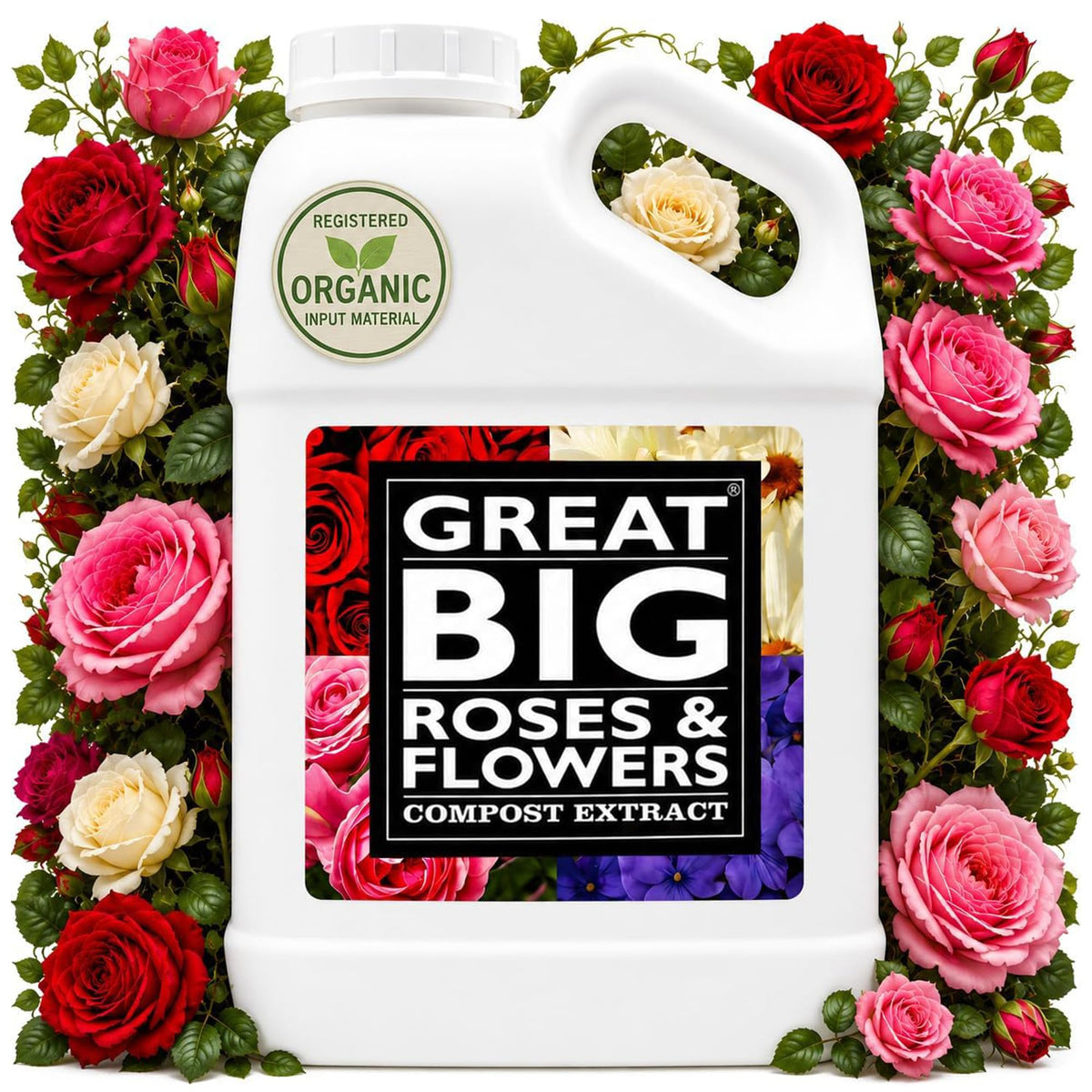 Great Big Roses frente del envase mostrando diseño y volumen 1 galón, facilita dosificación
