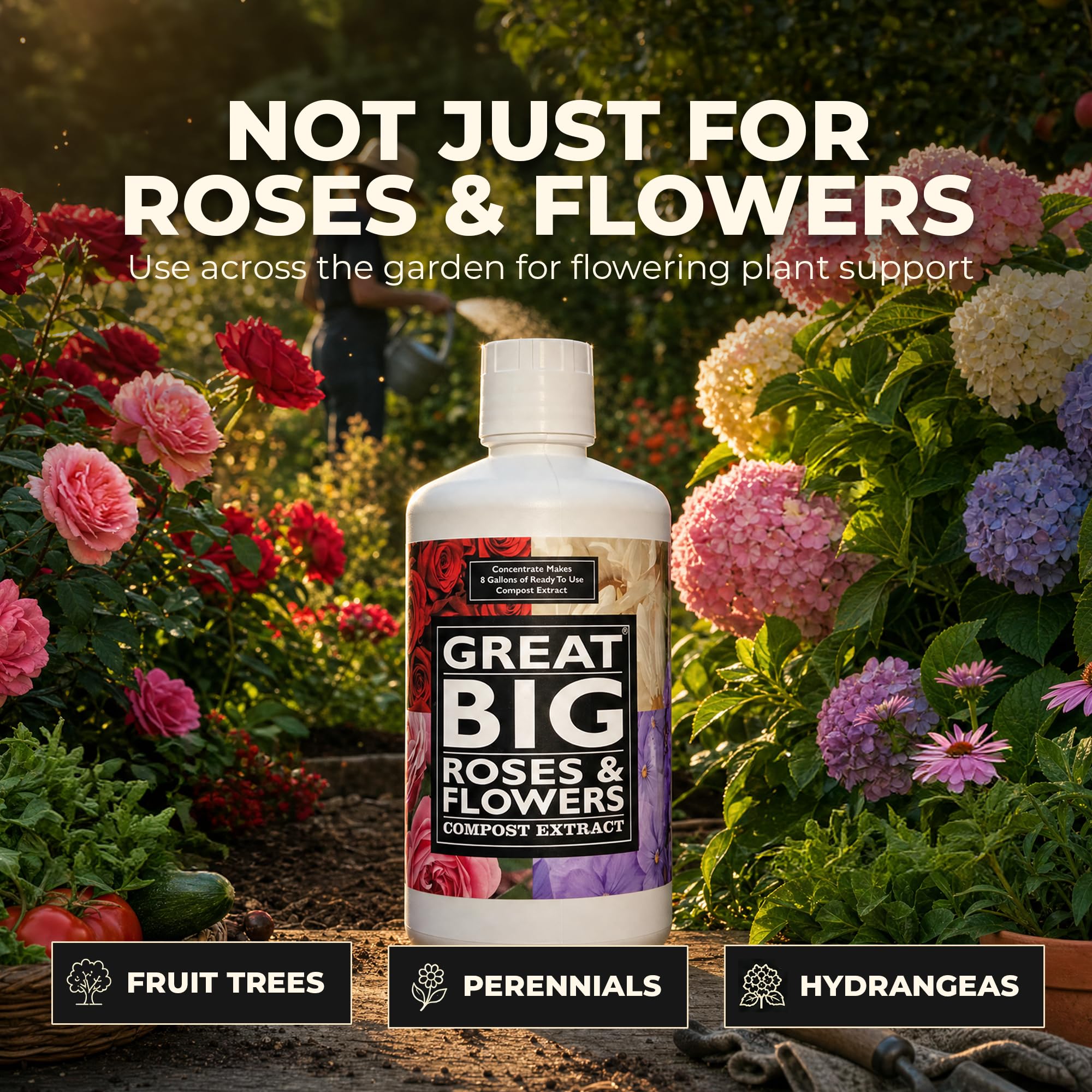 Great Big Roses en maceta tratada con flores más vigorosas después de uso
