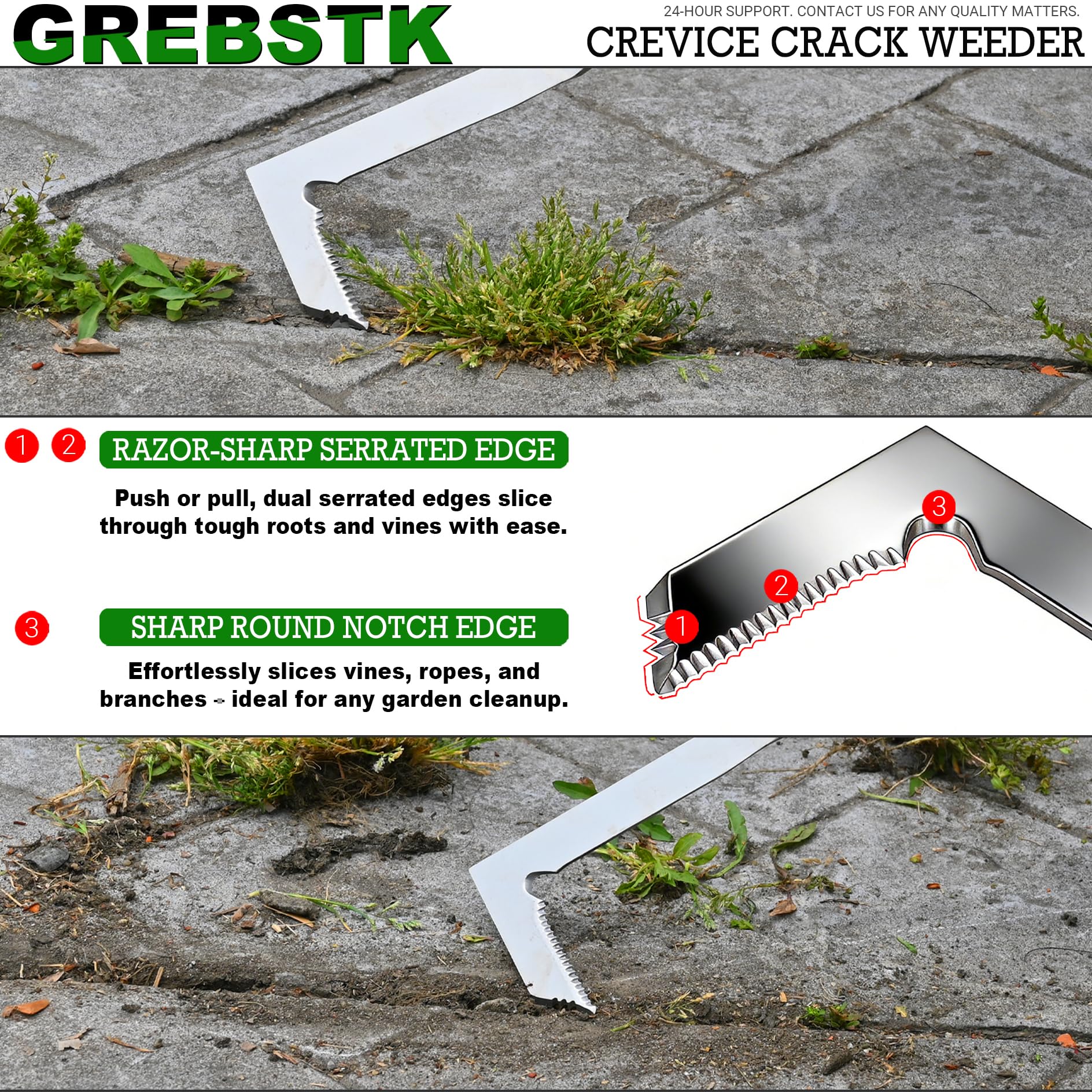 GREBSTK herramienta en uso entre pavers, elimina maleza rápido