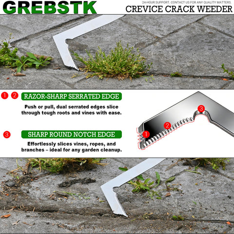 GREBSTK herramienta en uso entre pavers, elimina maleza rápido