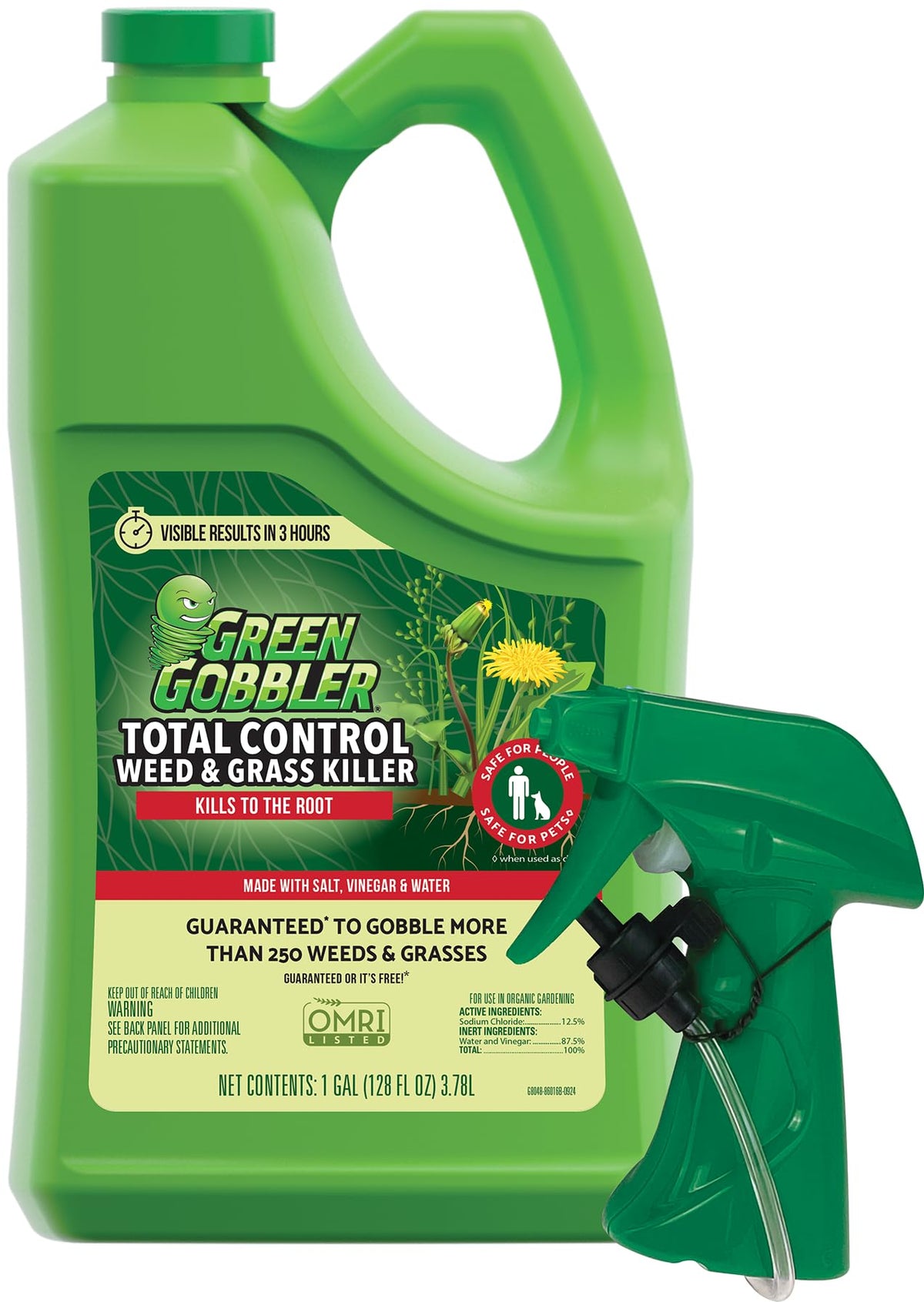 Green Gobbler envase frontal mostrando etiqueta y gatillo, facilidad de uso
