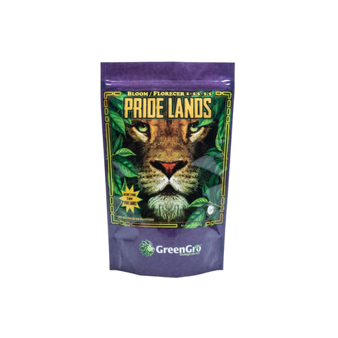 GreenGro empaque frontal del abono Pride Lands Bloom mostrando la marca y beneficio orgánico
