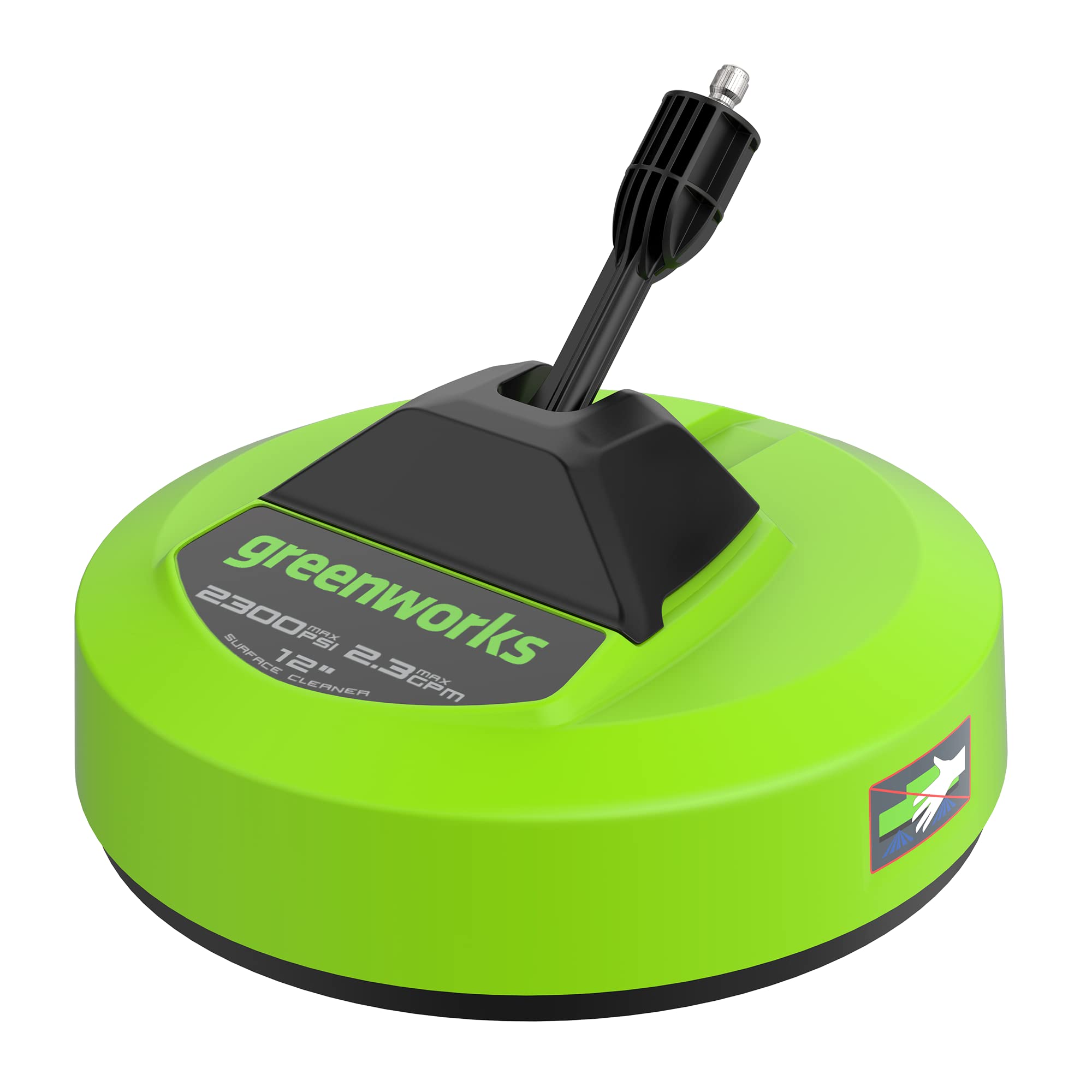 Greenworks accesorio frontal mostrando la carcasa y beneficio de limpieza rápida