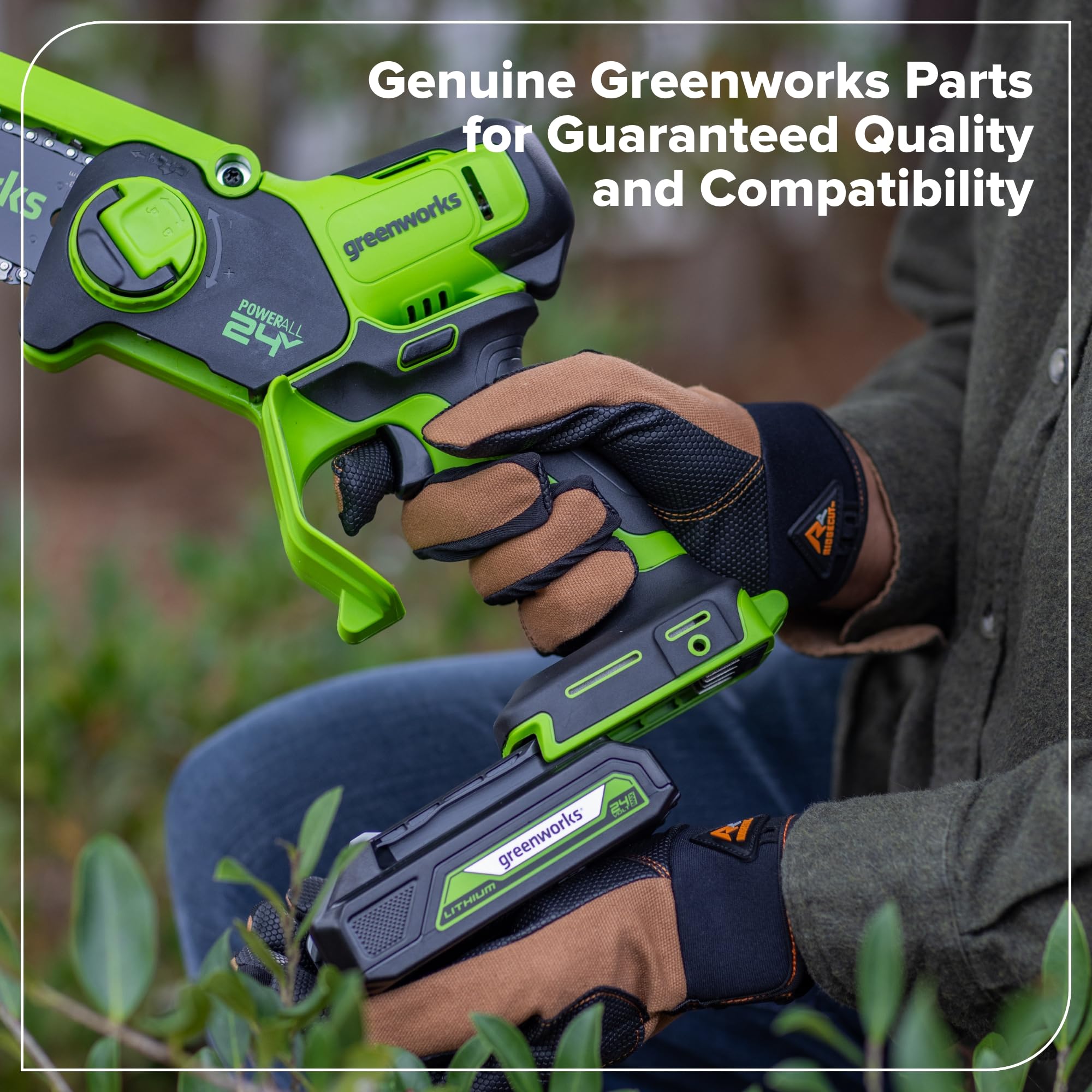 Greenworks primer plano de dientes de cadena mostrando corte afilado y durabilidad