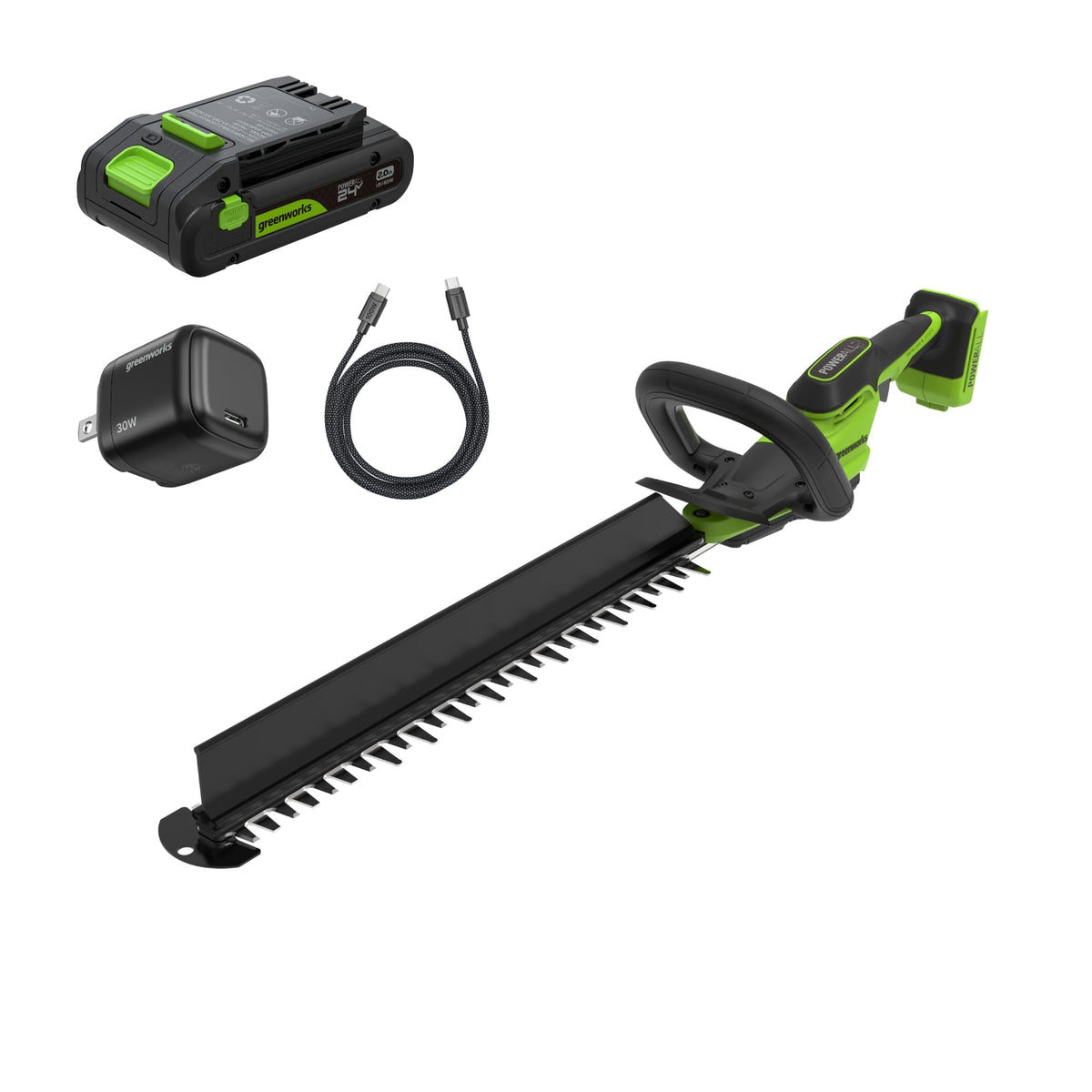 Greenworks cortasetos frontal mostrando diseño compacto y equilibrio