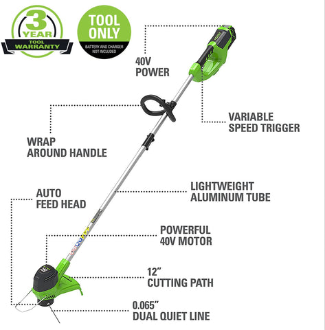 Greenworks primer plano del cabezal autofeed que facilita recargas