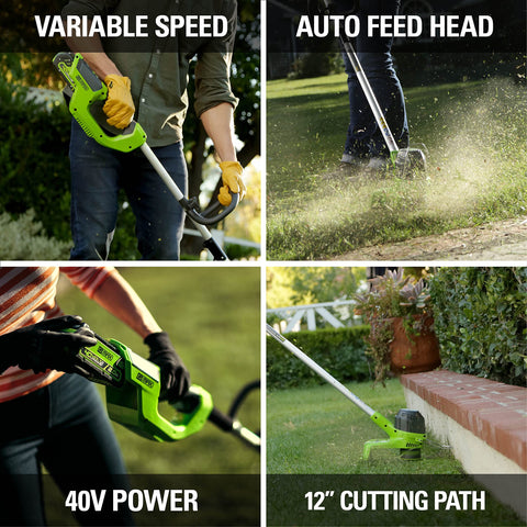 Greenworks detalle del gatillo variable para ajustar potencia