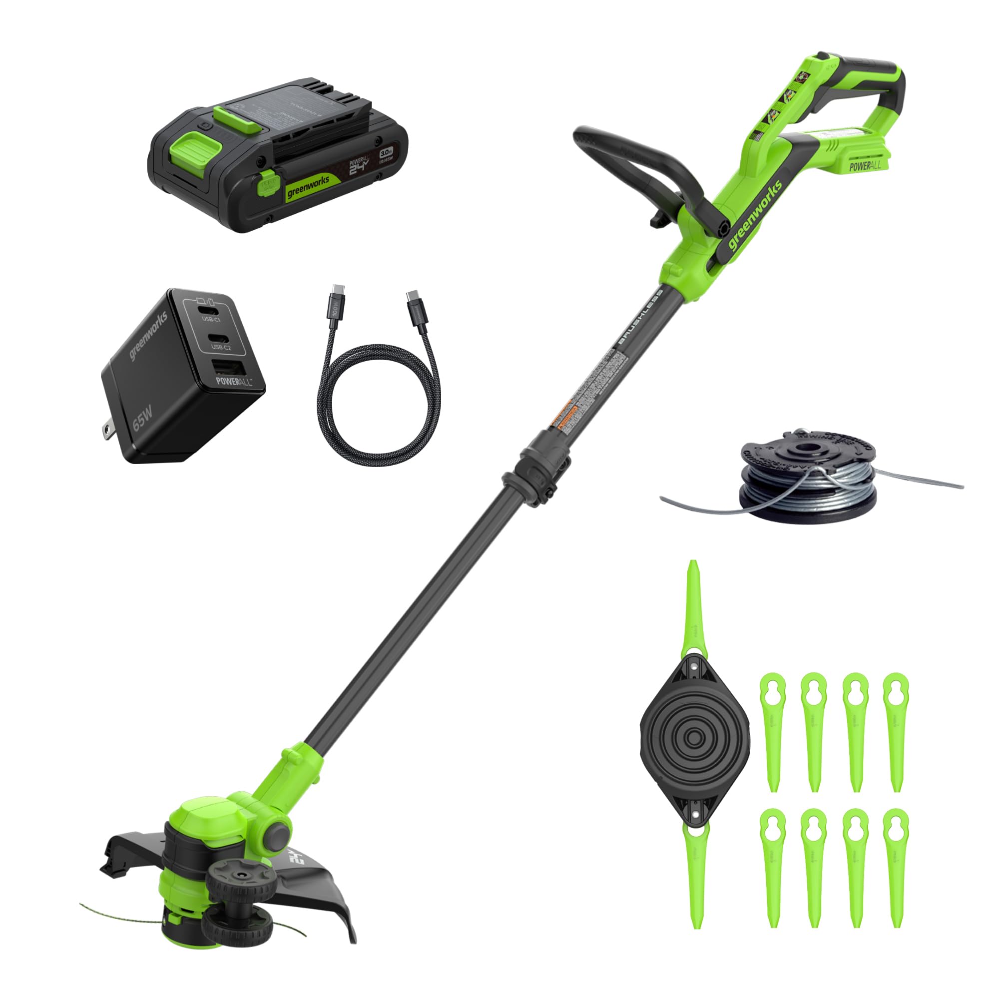 Greenworks recortadora 24V vista frontal con diseño compacto y control cómodo