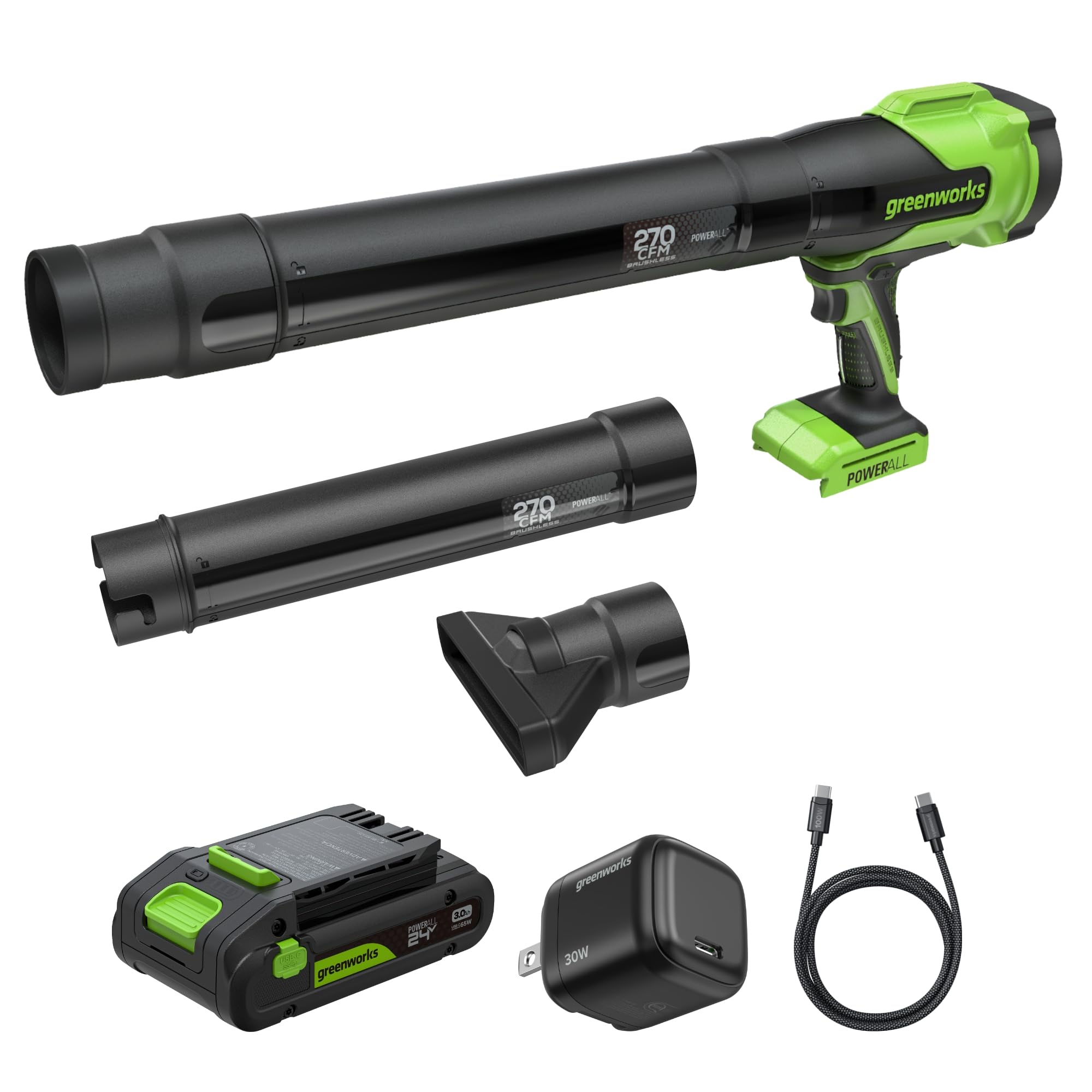 Greenworks soplador 24V vista frontal ligero y ergonómico para limpieza rápida