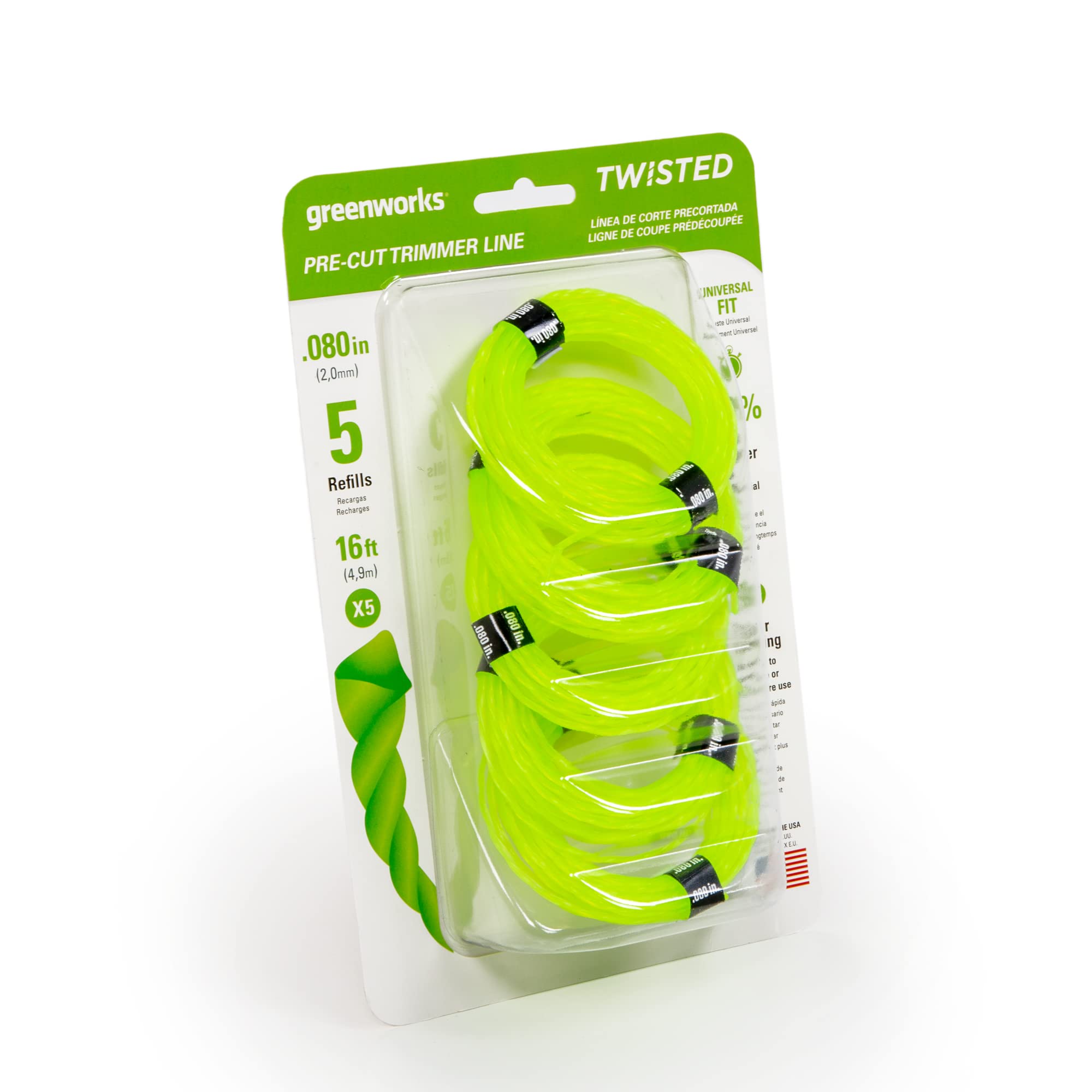 Greenworks primer plano del hilo retorcido mostrando textura resistente para más duración